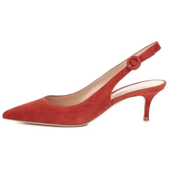 FSJ Women Classic Slingback Pumps Low Kitten Mid Heels Sandals Pointy Toe Red - Picture 1 of 8